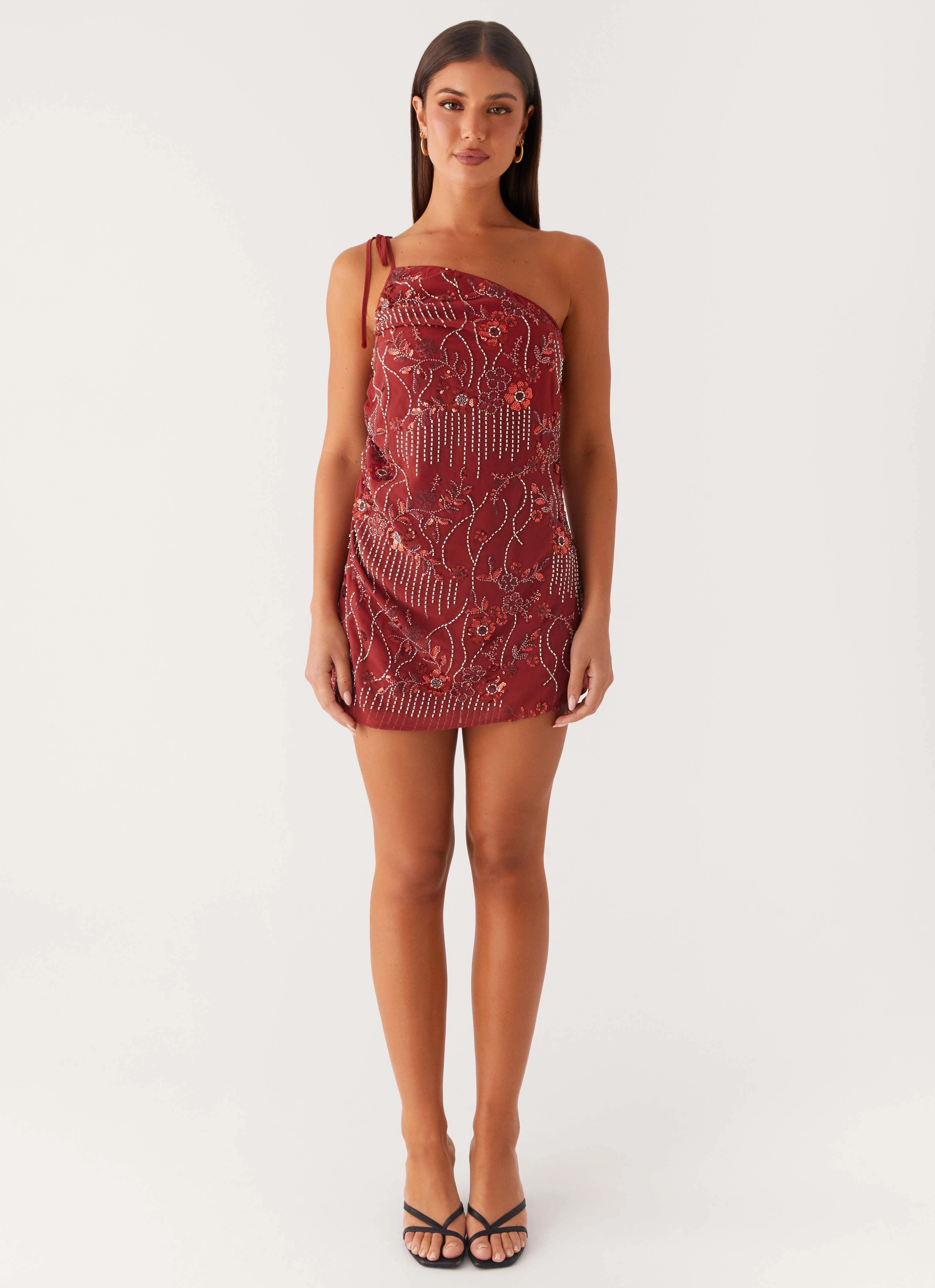 Temptational Beaded One Shoulder Mini Dress - Rust Pure Motion