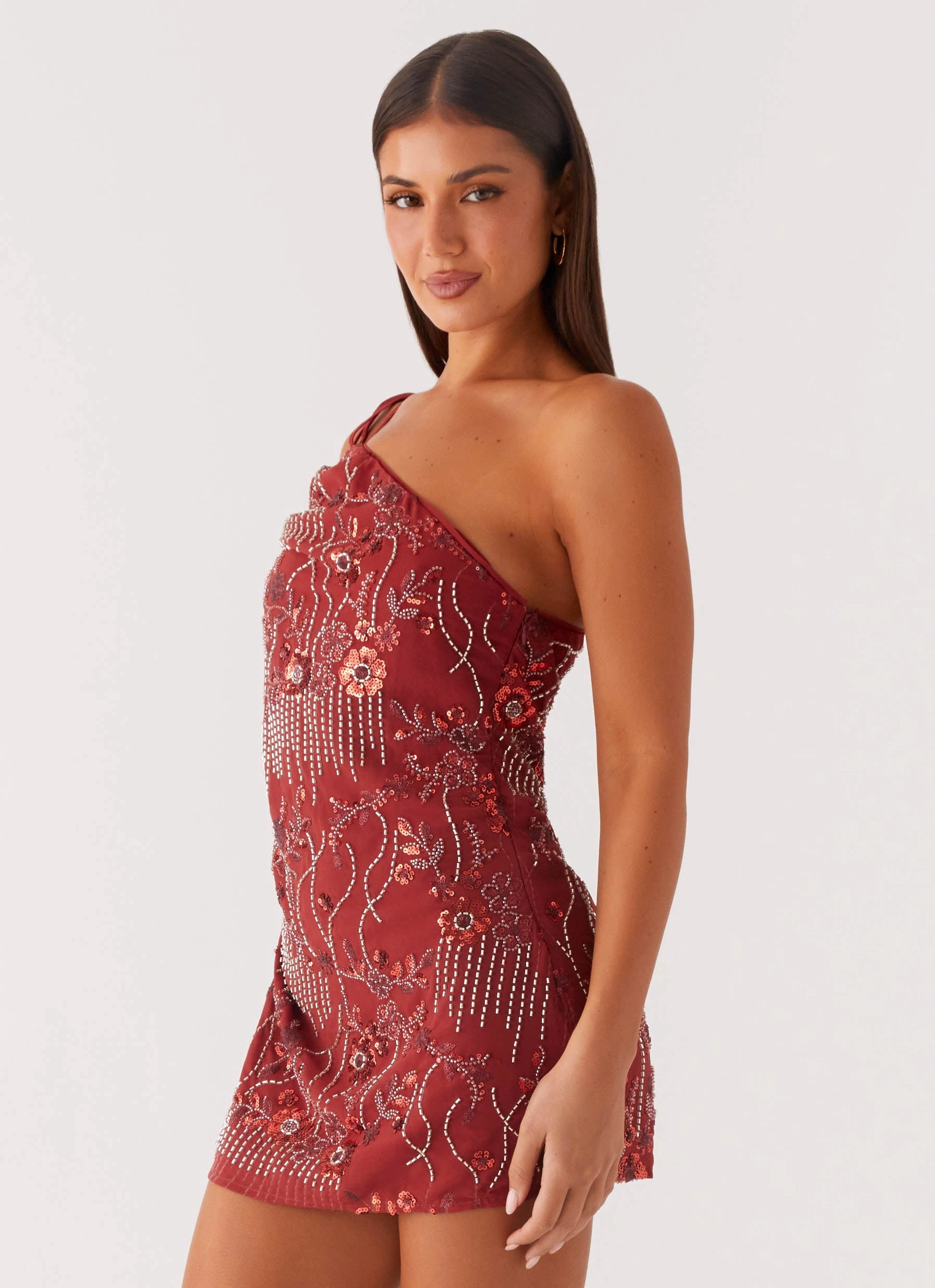 Temptational Beaded One Shoulder Mini Dress - Rust soft elegance