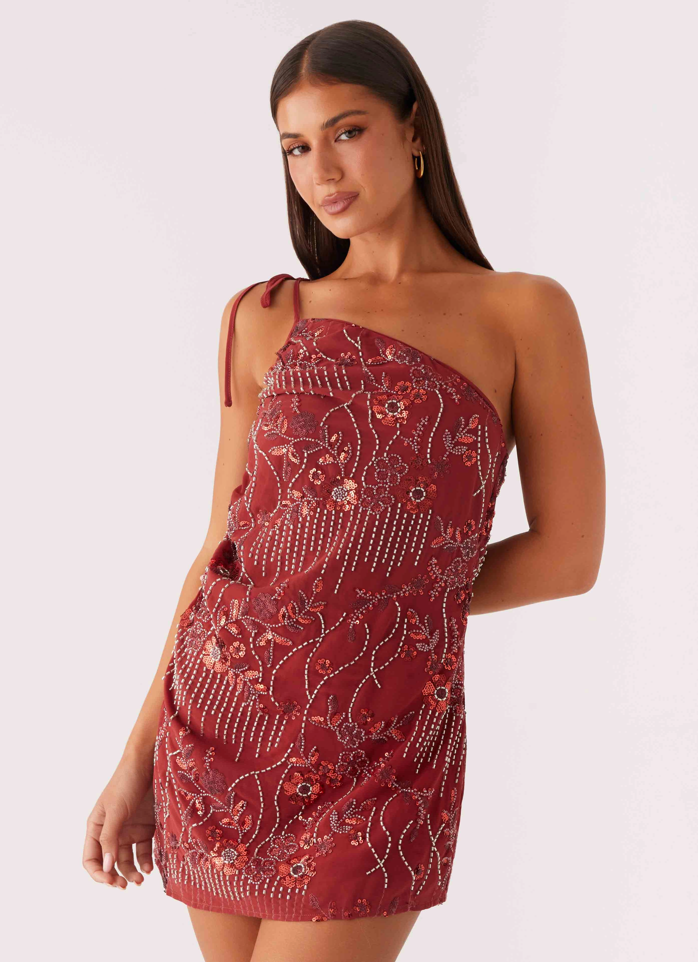 Feminine Look Temptational Beaded One Shoulder Mini Dress - Rust