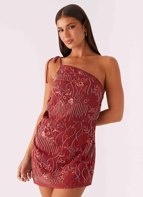 Feminine Look Temptational Beaded One Shoulder Mini Dress - Rust