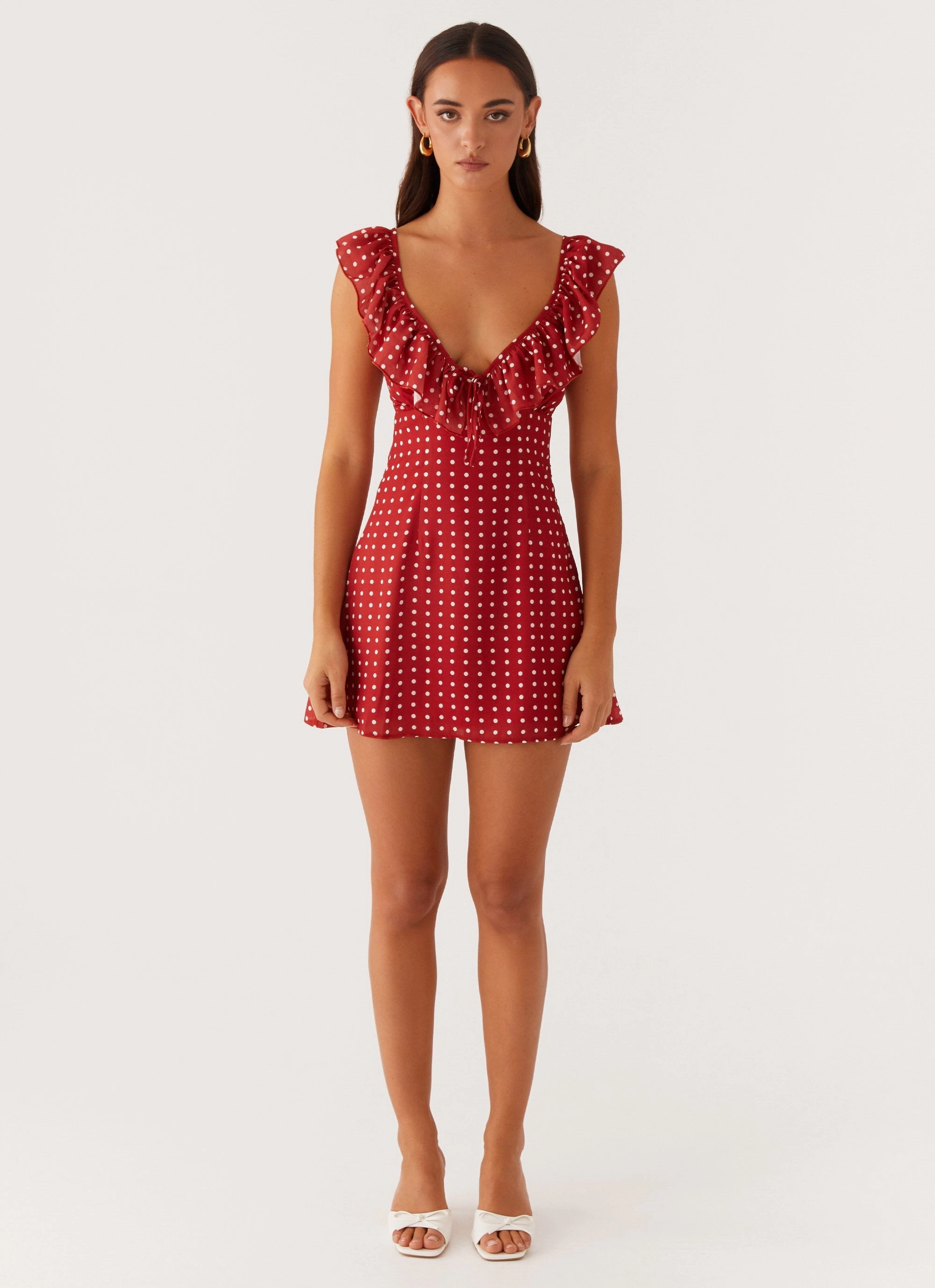 Easy to Wear Relaxed Fit Adrina Ruffle Mini Dress - Red Polka Dot