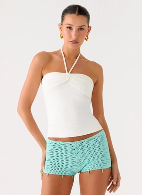 Contoured Panel Design Casual Performance Idalia Beaded Crochet Shorts - Blue