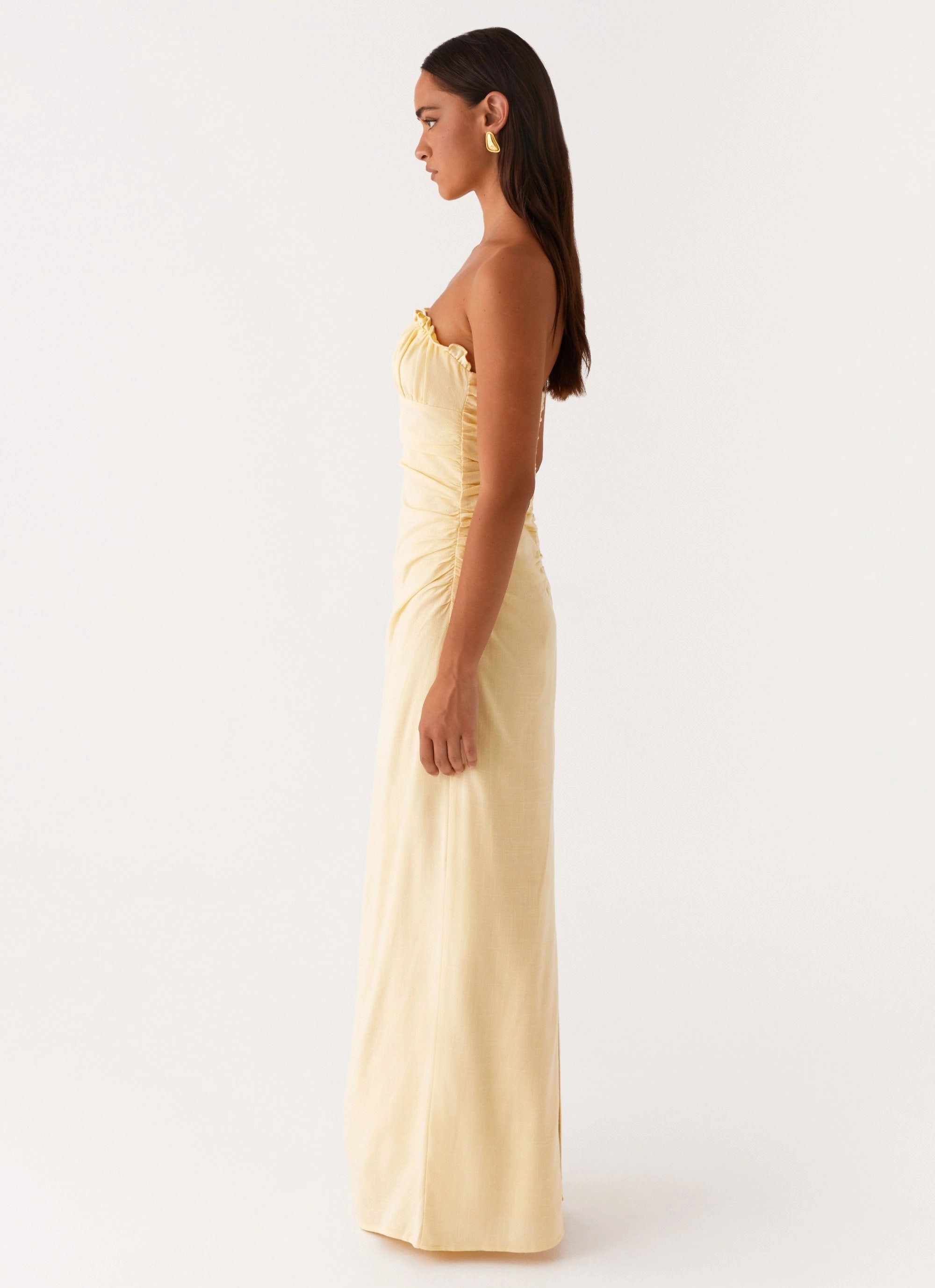 Xena Gathered Maxi Dress - Yellow Lightweight-Lining Detachable-Detail