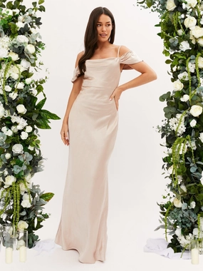 Satin Touch Cowl Neck Maxi Satin Bridesmaid Dress / Champagne