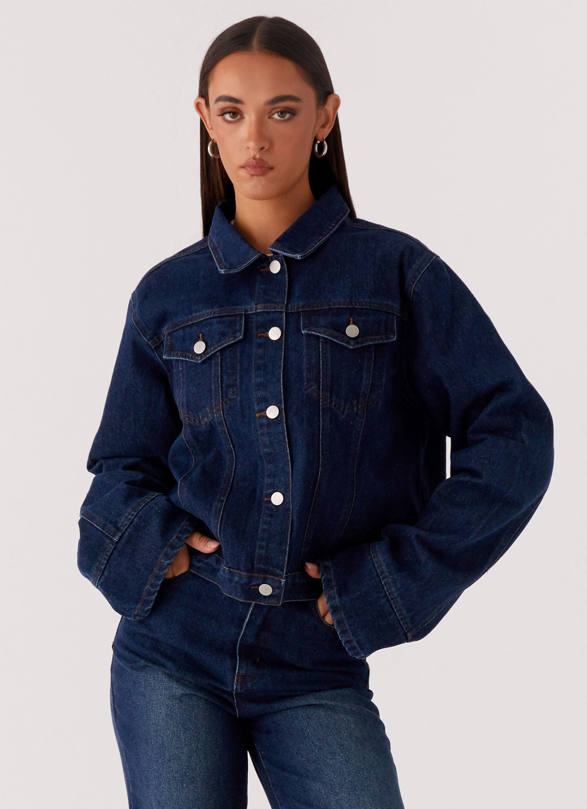 Back Again Oversized Denim Jacket - Vintage Blue Stretch Support