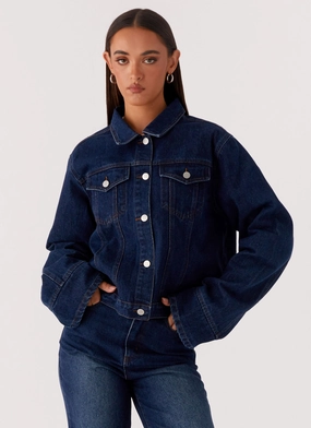 Back Again Oversized Denim Jacket - Vintage Blue Stretch Support