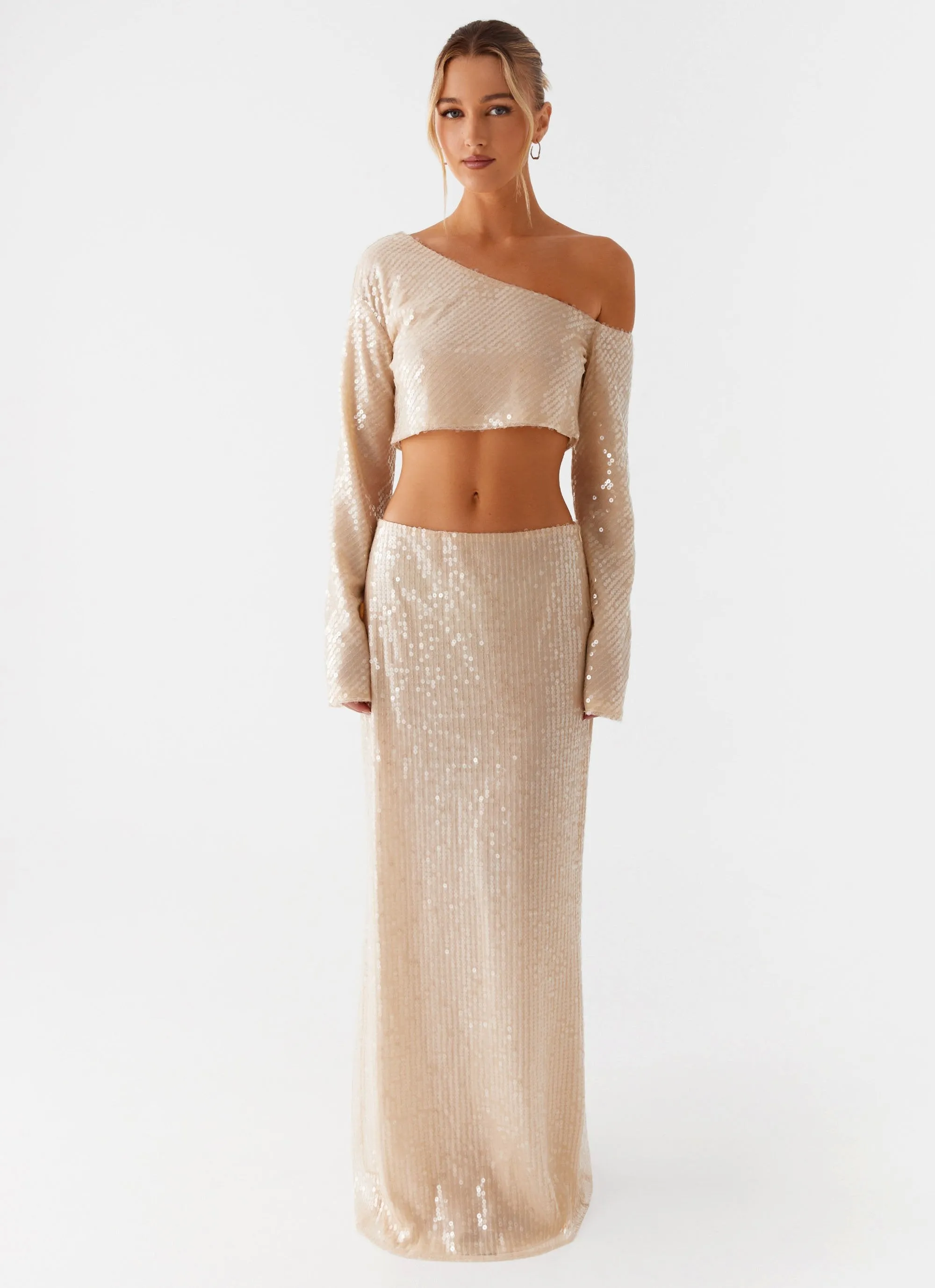 Tagless Collar Wisteria Off Shoulder Long Sleeve Sequin Top - Champagne