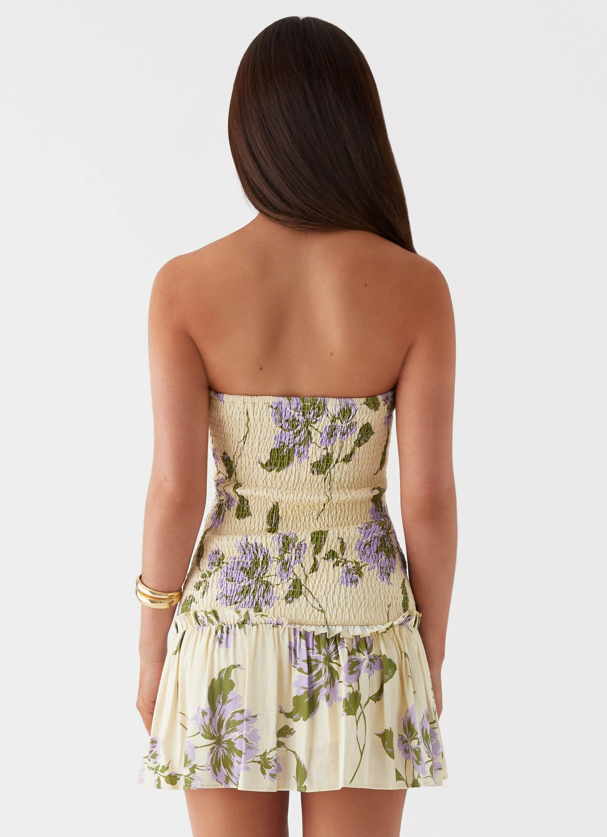 BBQ Party Break From Toronto Linen Mini Dress - Yellow Purple Floral