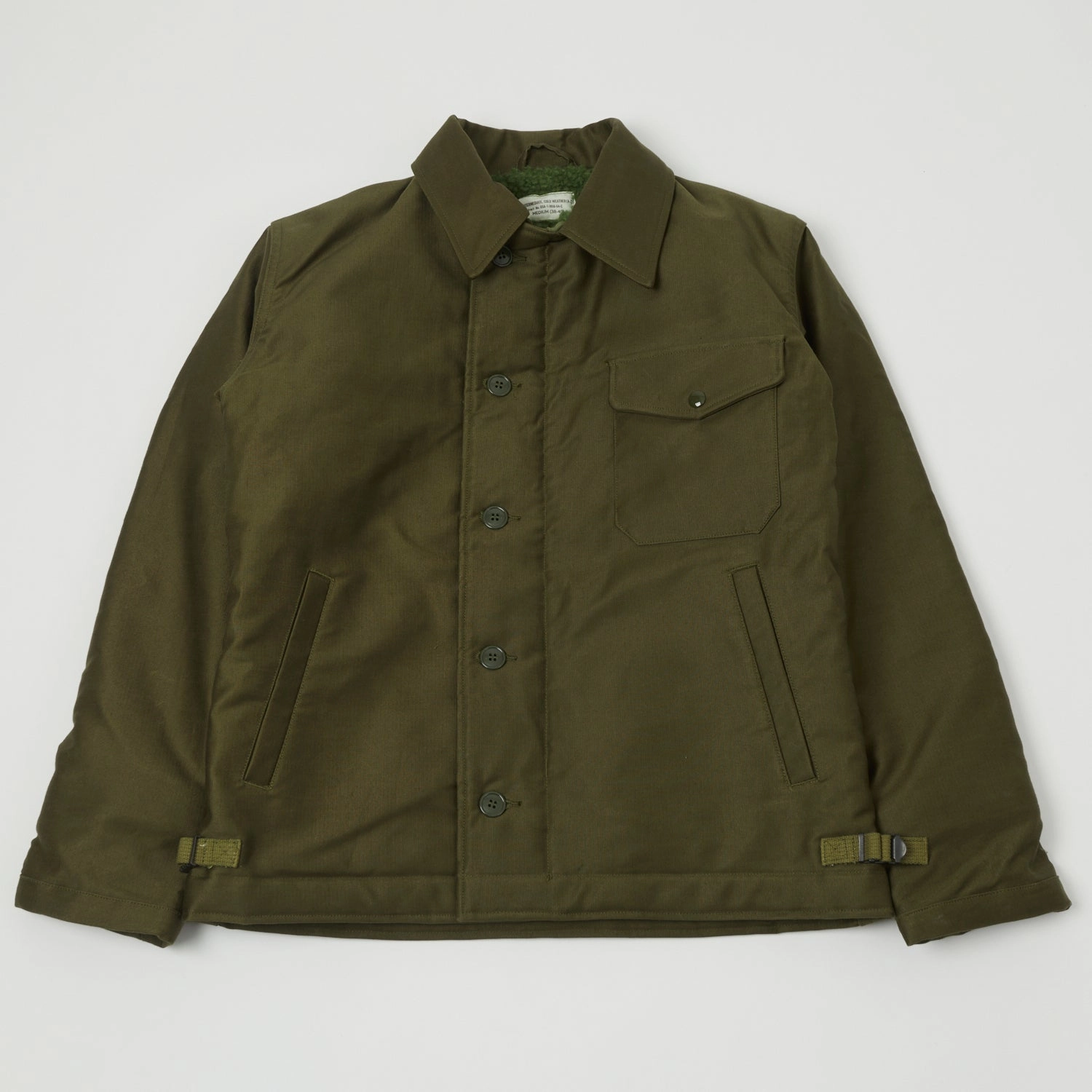 Expandable Side Gussets waterproof construction Buzz Rickson's U.S. Navy A-2 Jungle Cloth Deck Jacket - Olive