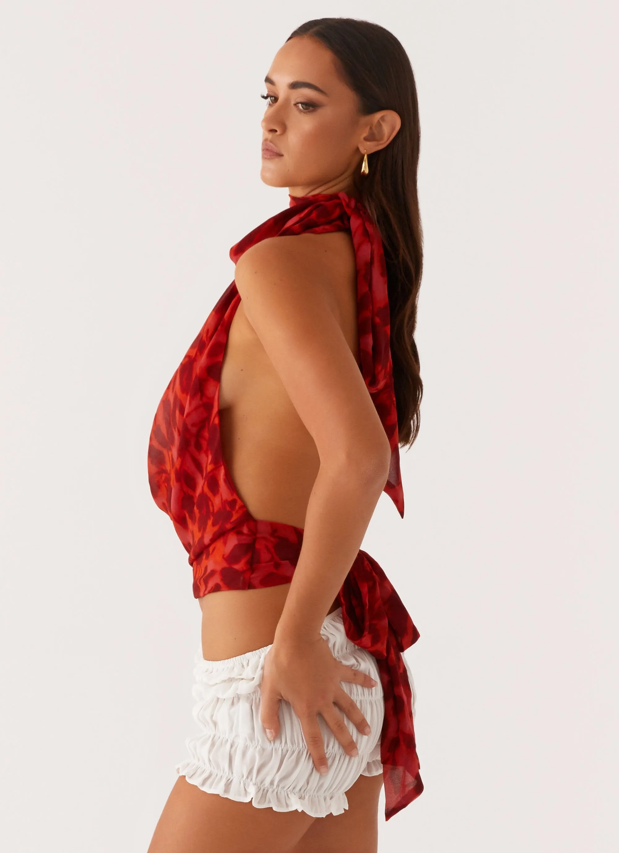 Best Self Top - Deep Red Floral Mesh Panel Details