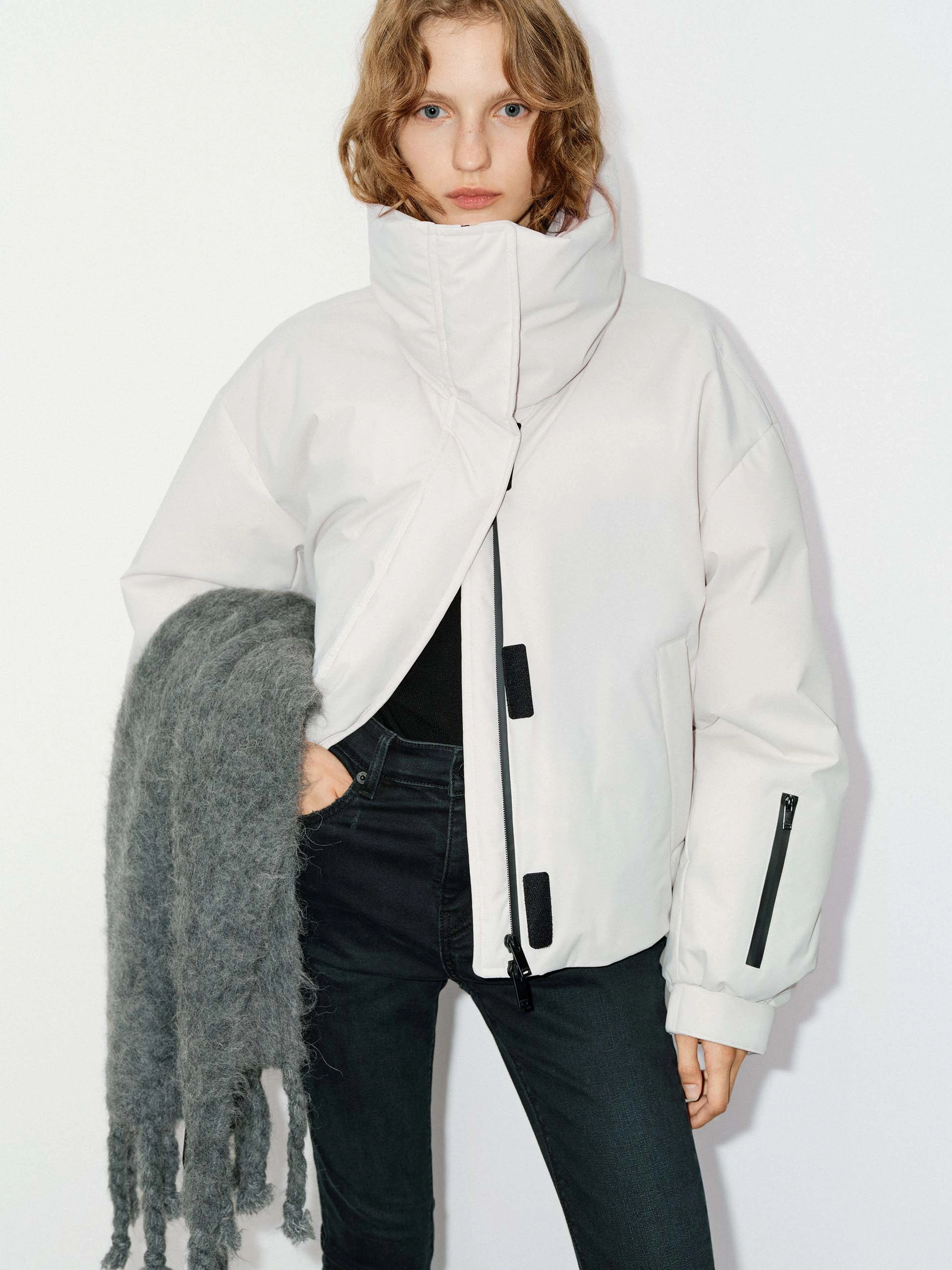 Funnel Neck Cropped Jacket Thermal Reflective Lining