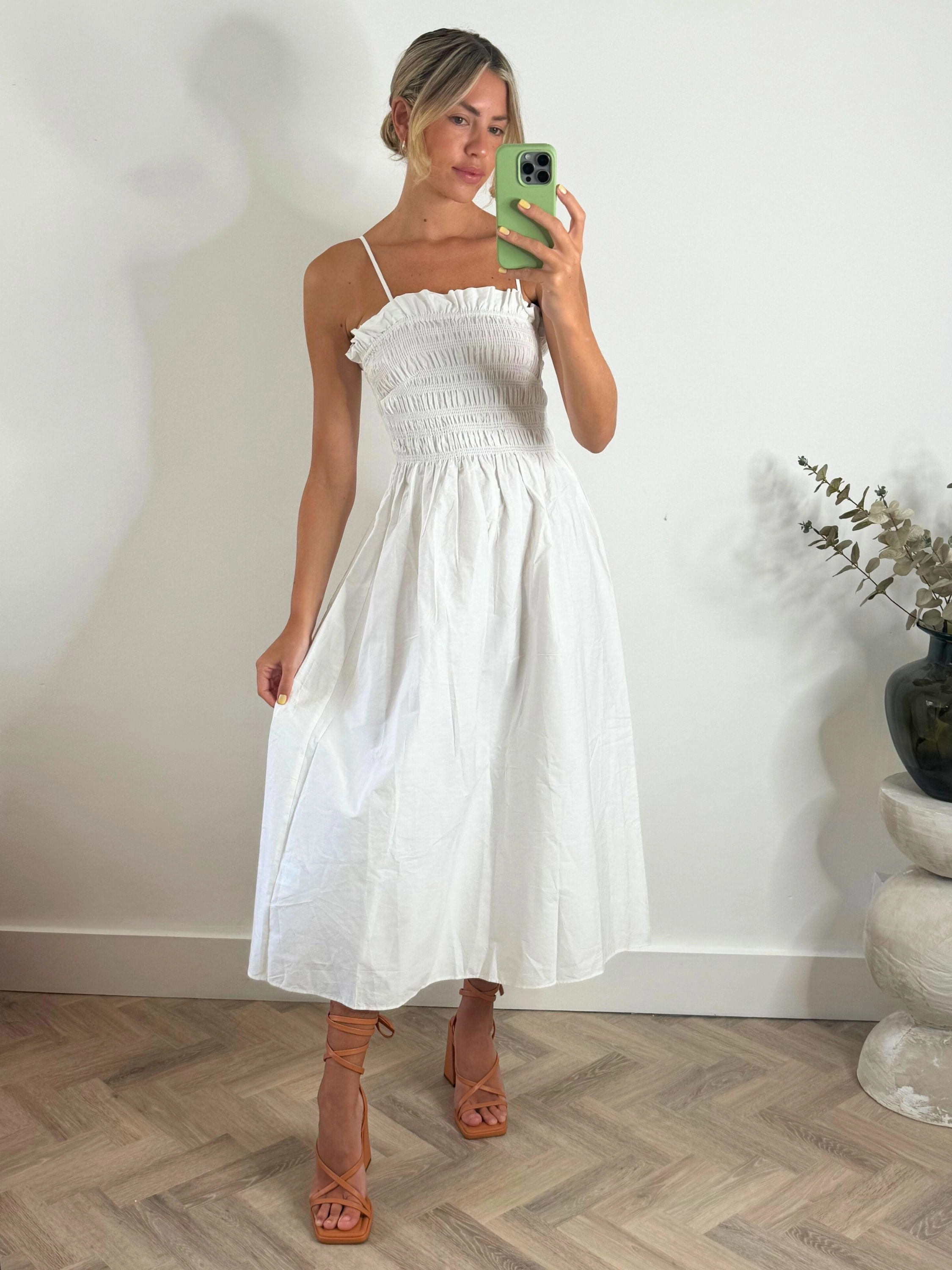 Feminine Style Sleek Movement Betty Cotton Shirred Bandeau Dress in White