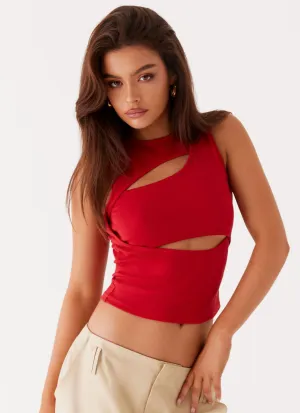 Garment Washed Beyond Cut Out Mesh Top - Red