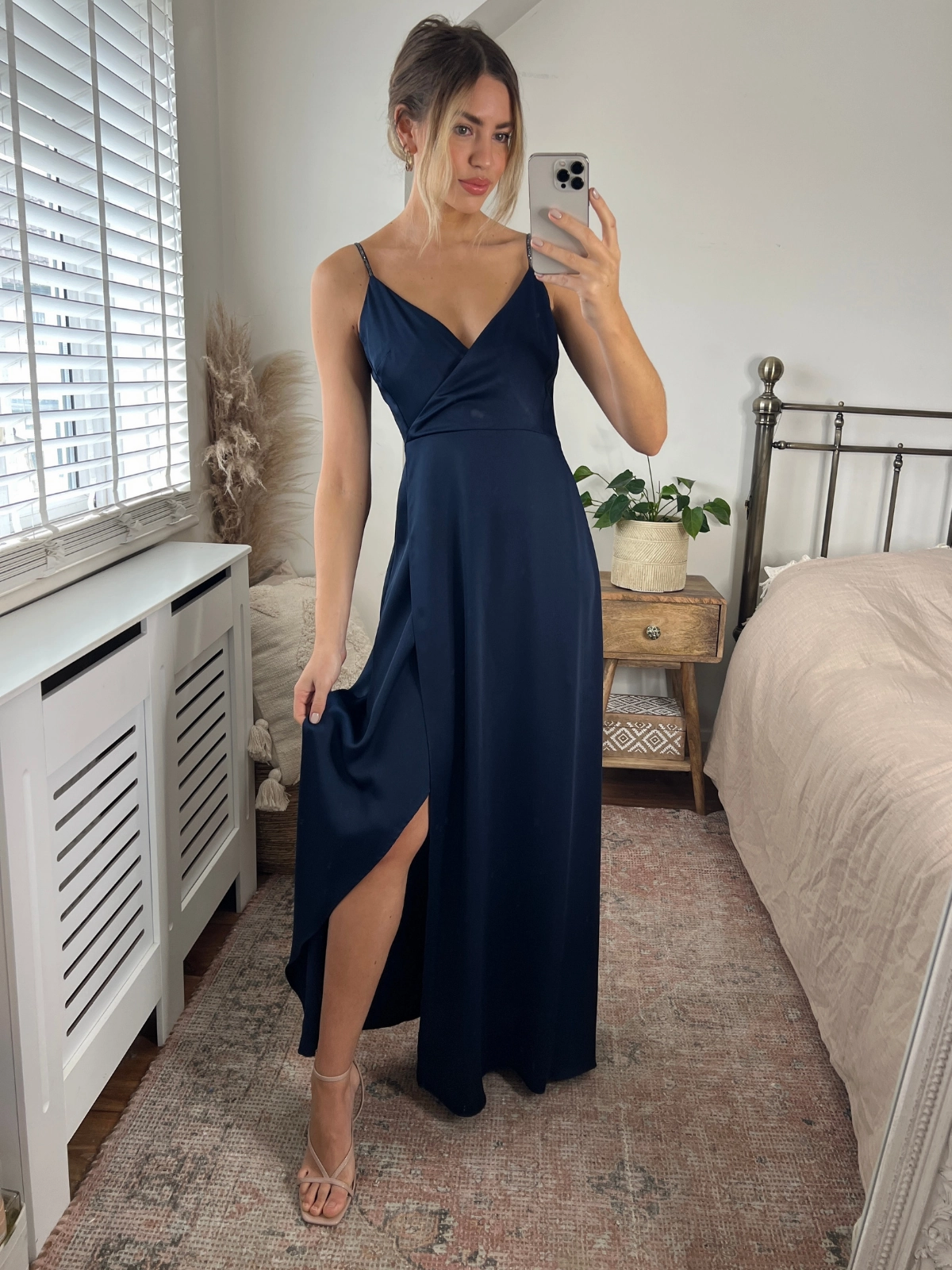 Dreamy Look Diamante Strap Maxi Satin Dress / Navy