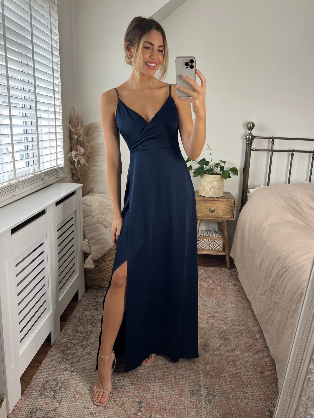 All-Purpose Comfort Soft Outfit Diamante Strap Maxi Satin Dress / Navy