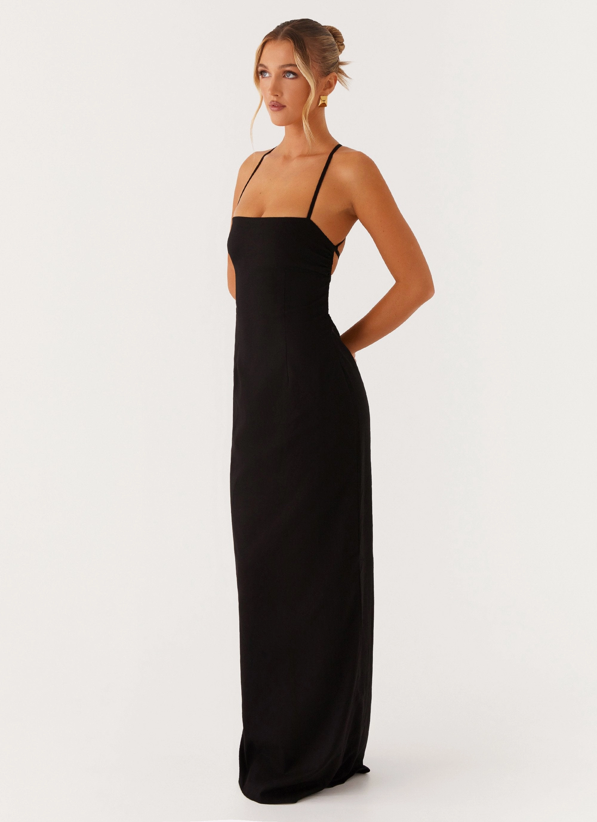 Cora Backless Maxi Dress - Black Drawstring-Waist Chic Everyday Wear