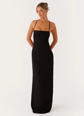 Cora Backless Maxi Dress - Black Silky texture