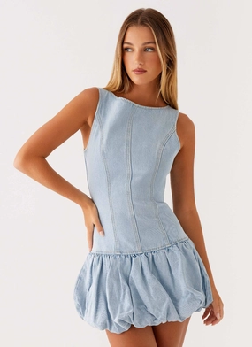 Light Shape Silky-Feel Meg Bubble Denim Mini Dress - Blue