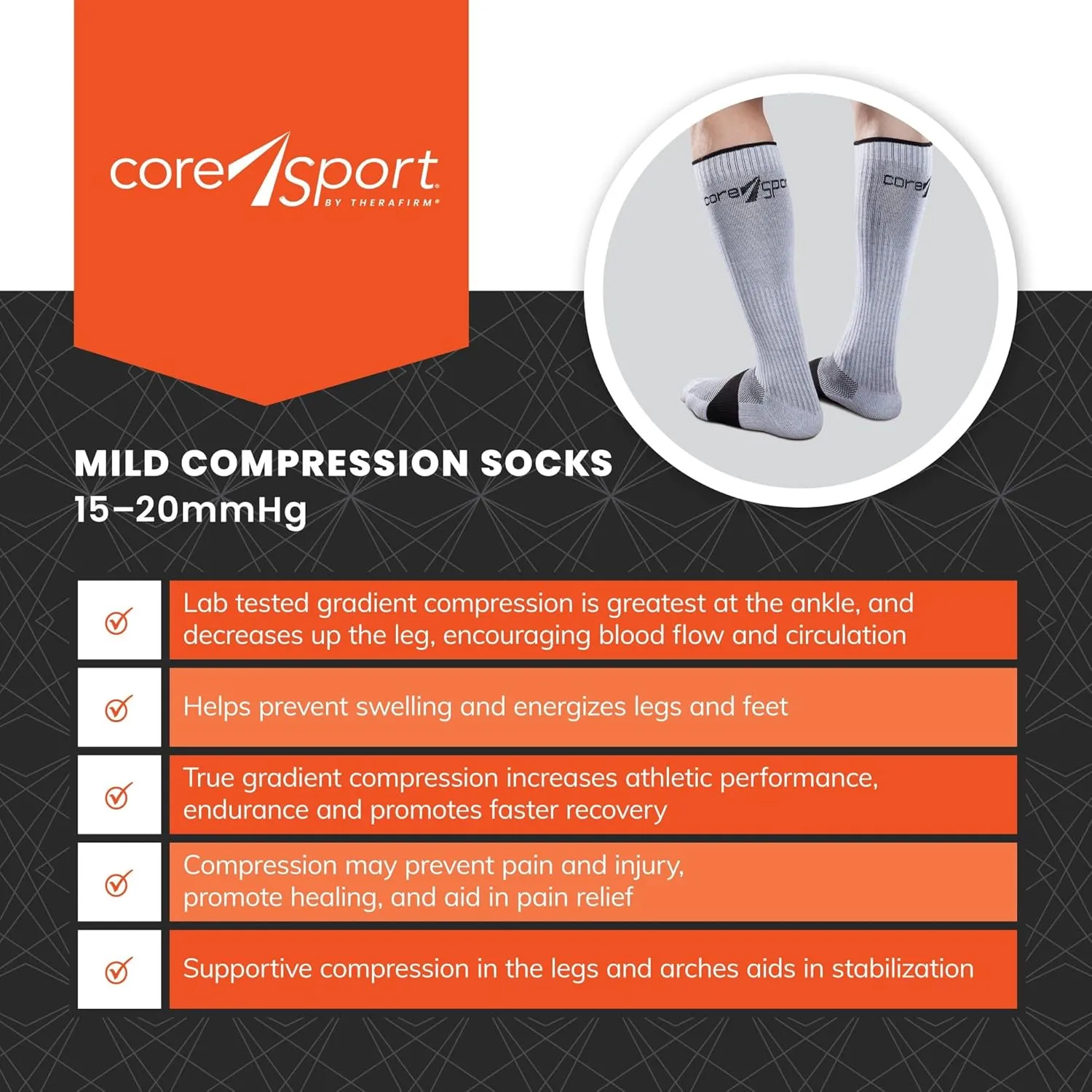 CoreSport Athletic Performance Compression Socks - 15-20mmHg Mild Graduated Compression