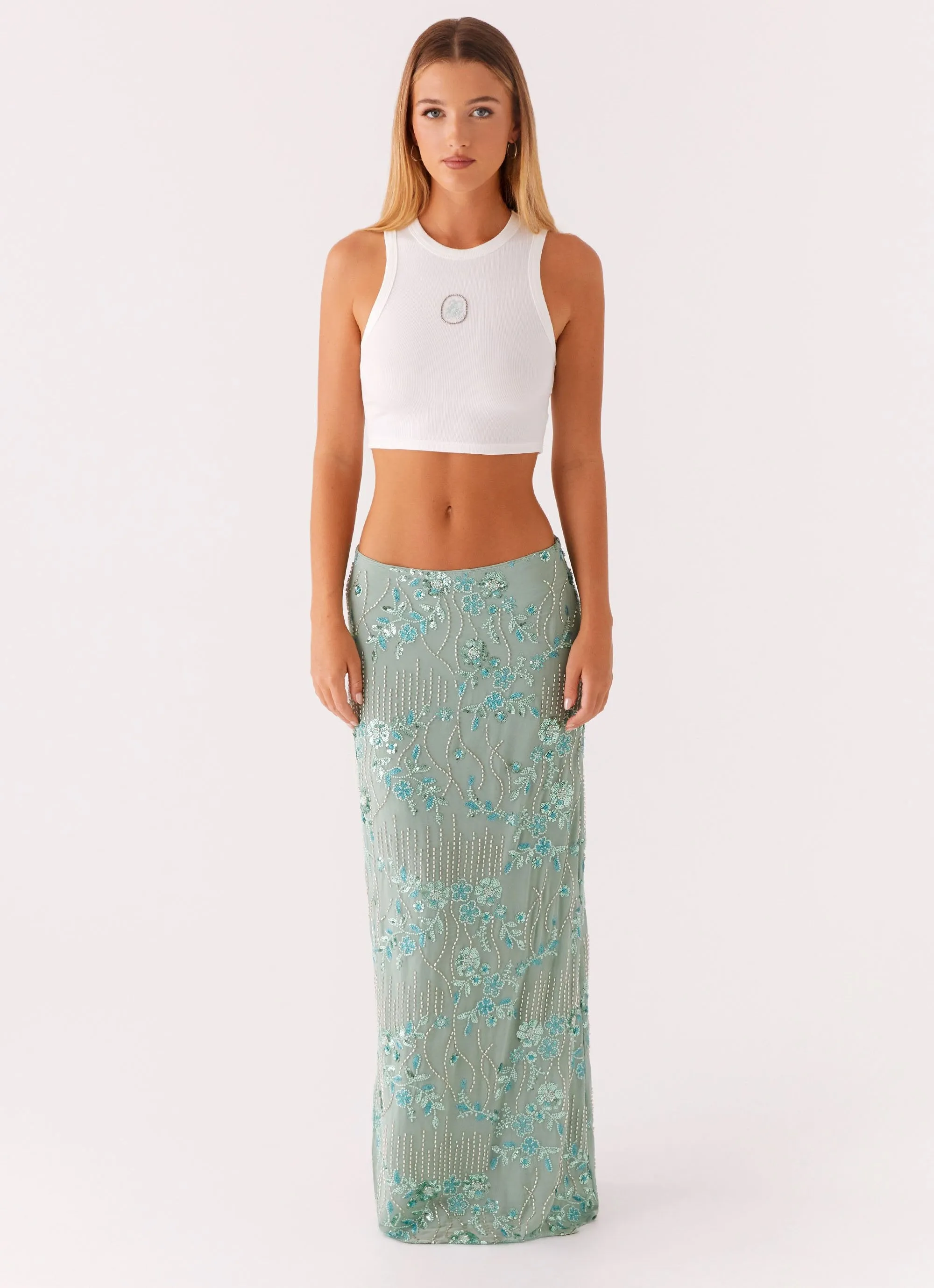 Corinna Low Rise Sequin Maxi Skirt - Mint Mood Outfit