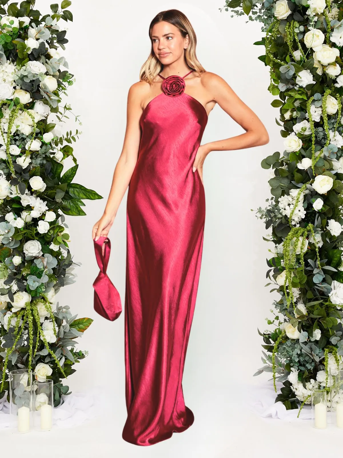 Professional Look Corsage Detail Satin Maxi Dress / Claret