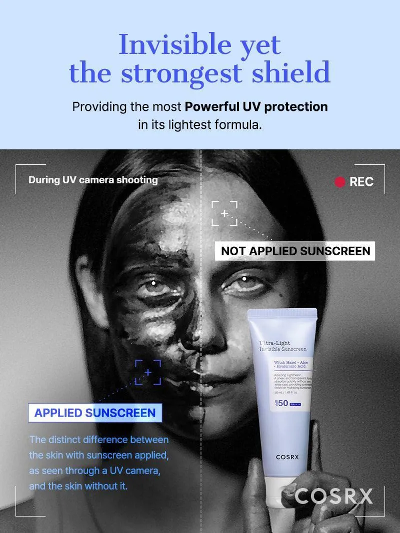 COSRX witch hazel aloe   hyaluronic acid ultra light invisible sunscreen واقي الشمس بالهايلرونك اسد والالوفيرا