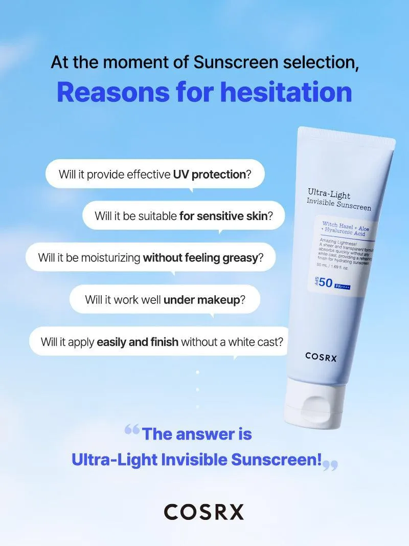 COSRX witch hazel aloe   hyaluronic acid ultra light invisible sunscreen واقي الشمس بالهايلرونك اسد والالوفيرا