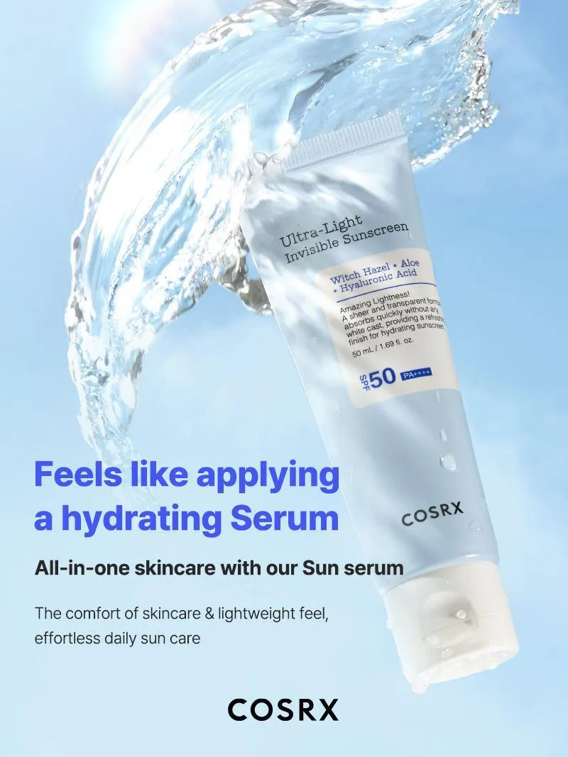 COSRX witch hazel aloe   hyaluronic acid ultra light invisible sunscreen واقي الشمس بالهايلرونك اسد والالوفيرا