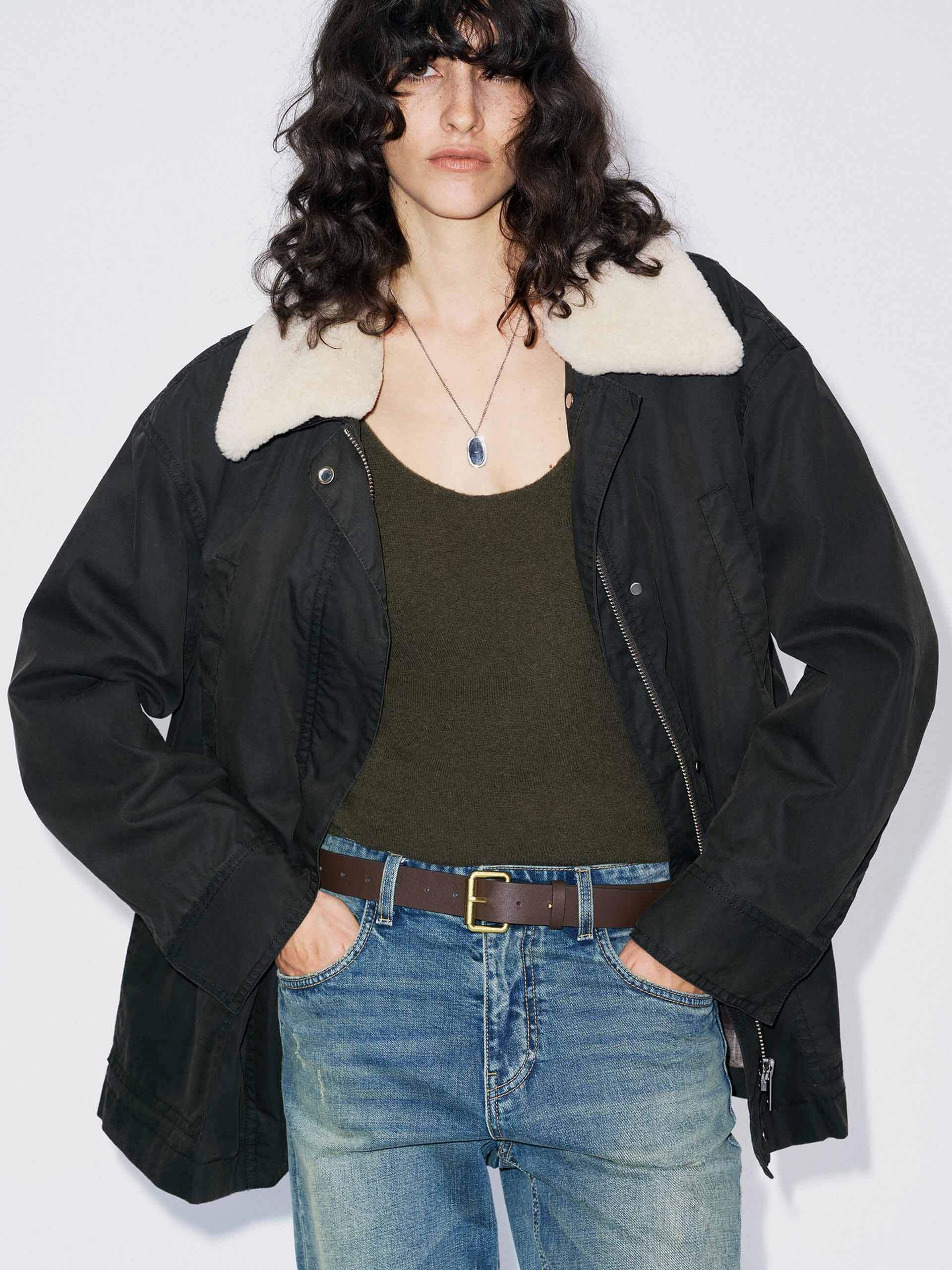 Cotton Blend Fur Collar Coat Adjustable Hood Multi Pocket