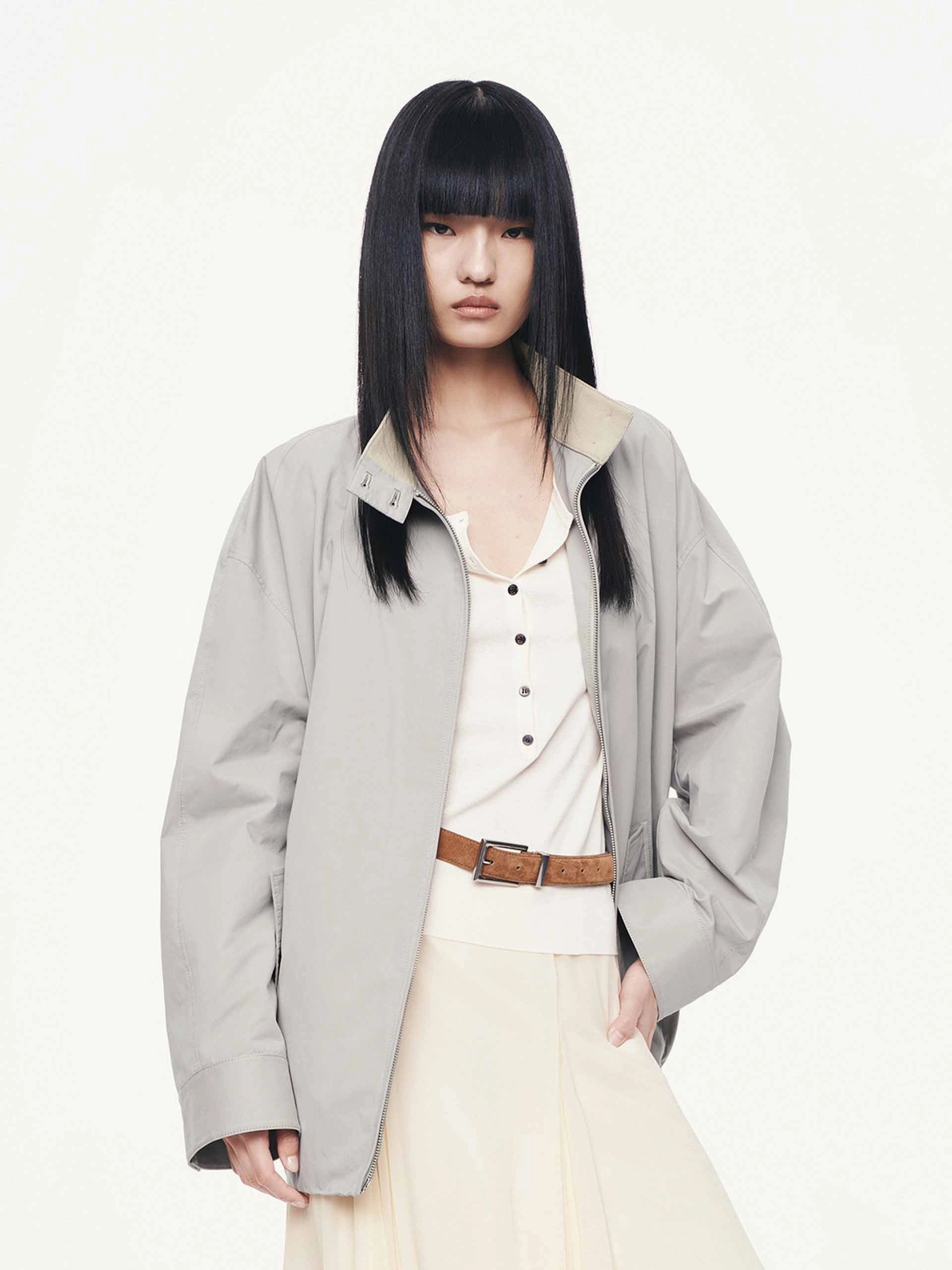 Cotton Blend Zipper Coat Seamless Shoulder Design