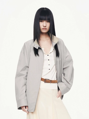 Cotton Blend Zipper Coat Seamless Shoulder Design