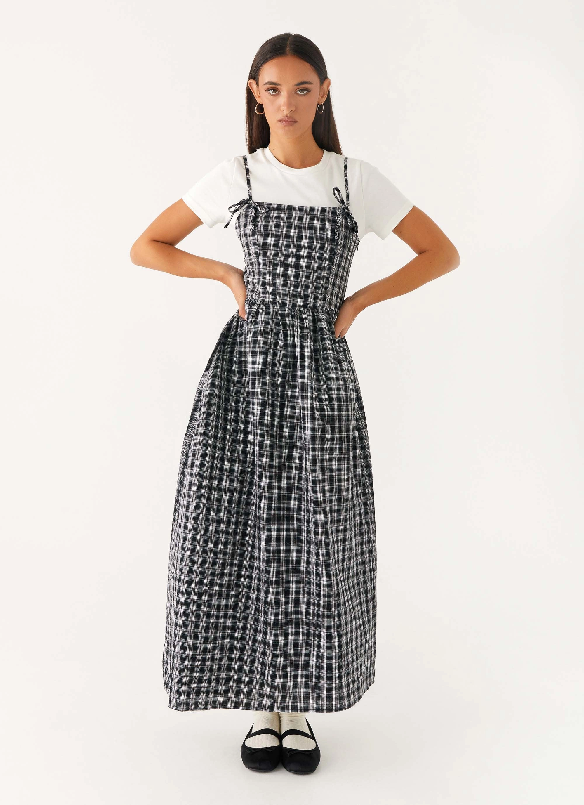 Simple Ease Subtle Glow Ramsey Midi Dress - White Black Check