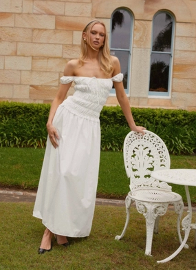 Countryside Off Shoulder Maxi Dress - Ivory Elegant Layering Texture Blend