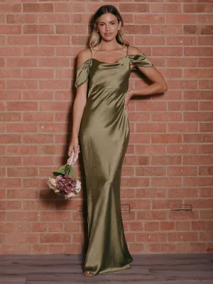Cowl Neck Maxi Satin Bridesmaid Dress / Olive Green Minimal Mood Basic Mood