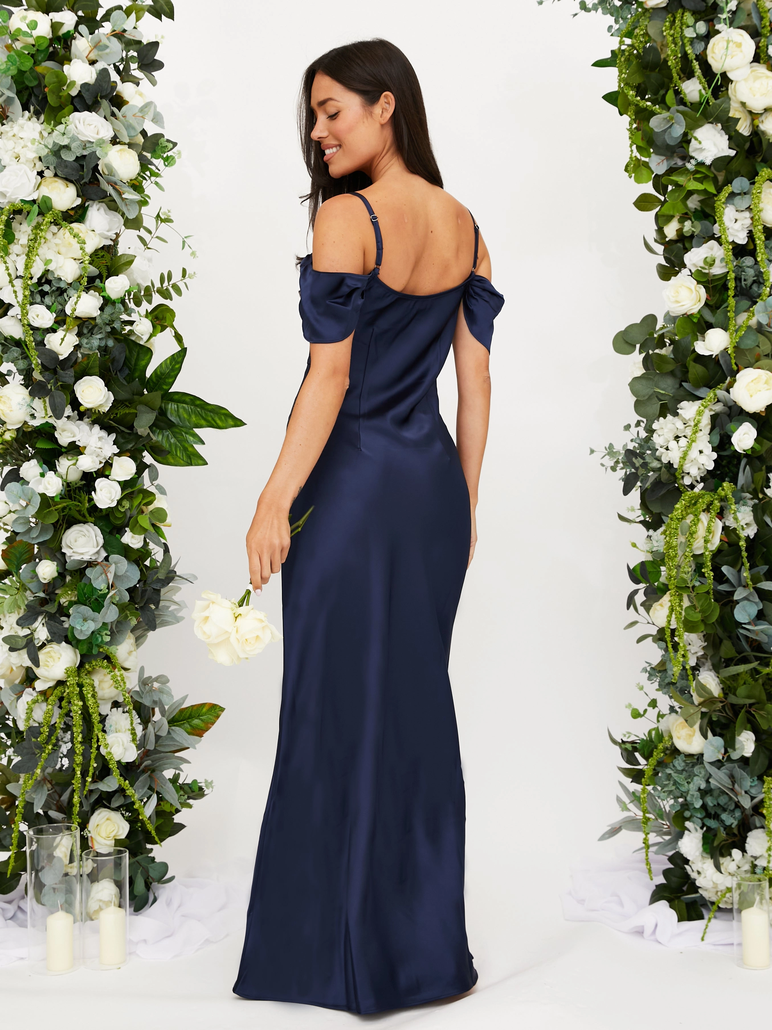 Chic Tone Contemporary Wear Cowl Neck Maxi Satin Dress / Navy