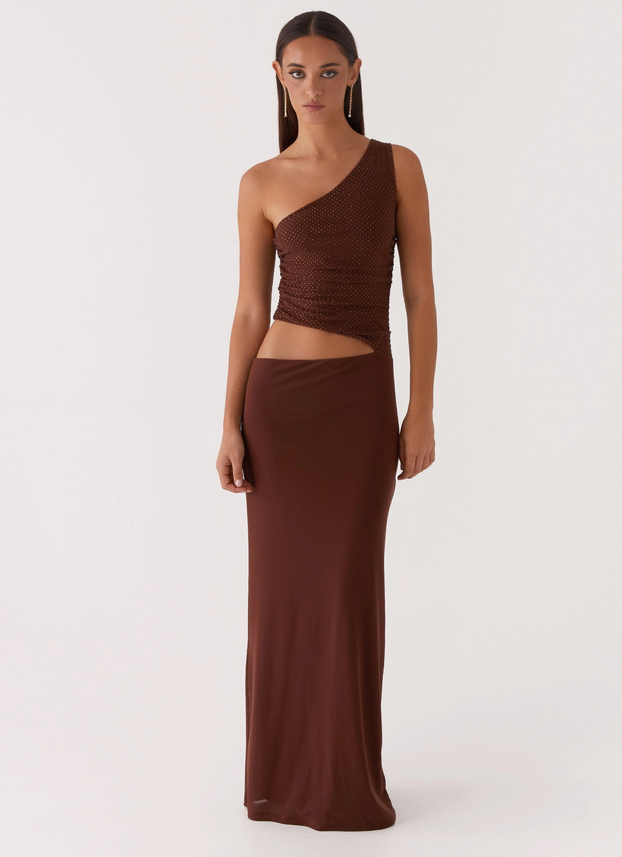 Jewel-Tone Seranella Sequin One Shoulder Maxi Dress - Chocolate