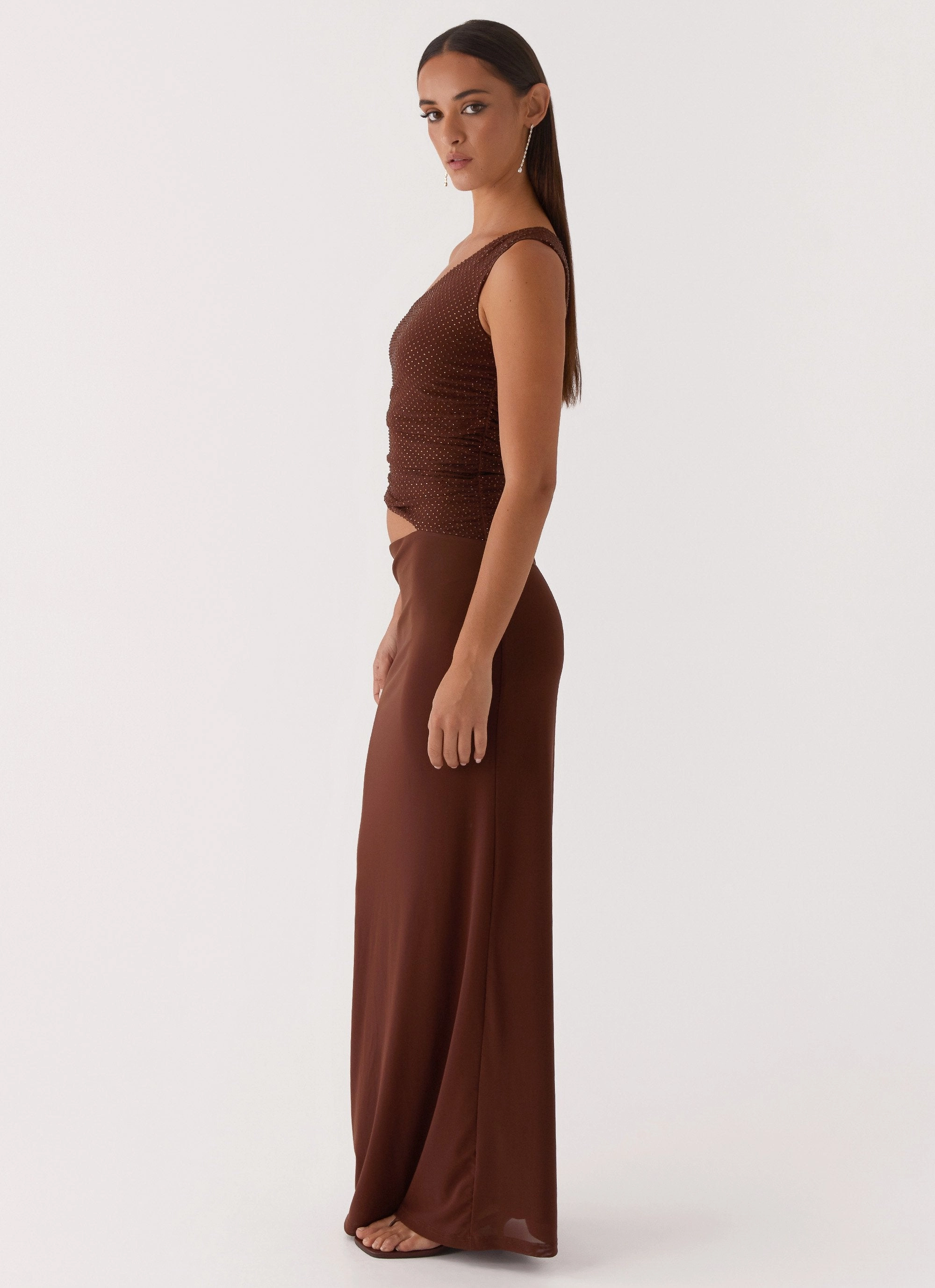 Timeless elegance Seranella Sequin One Shoulder Maxi Dress - Chocolate
