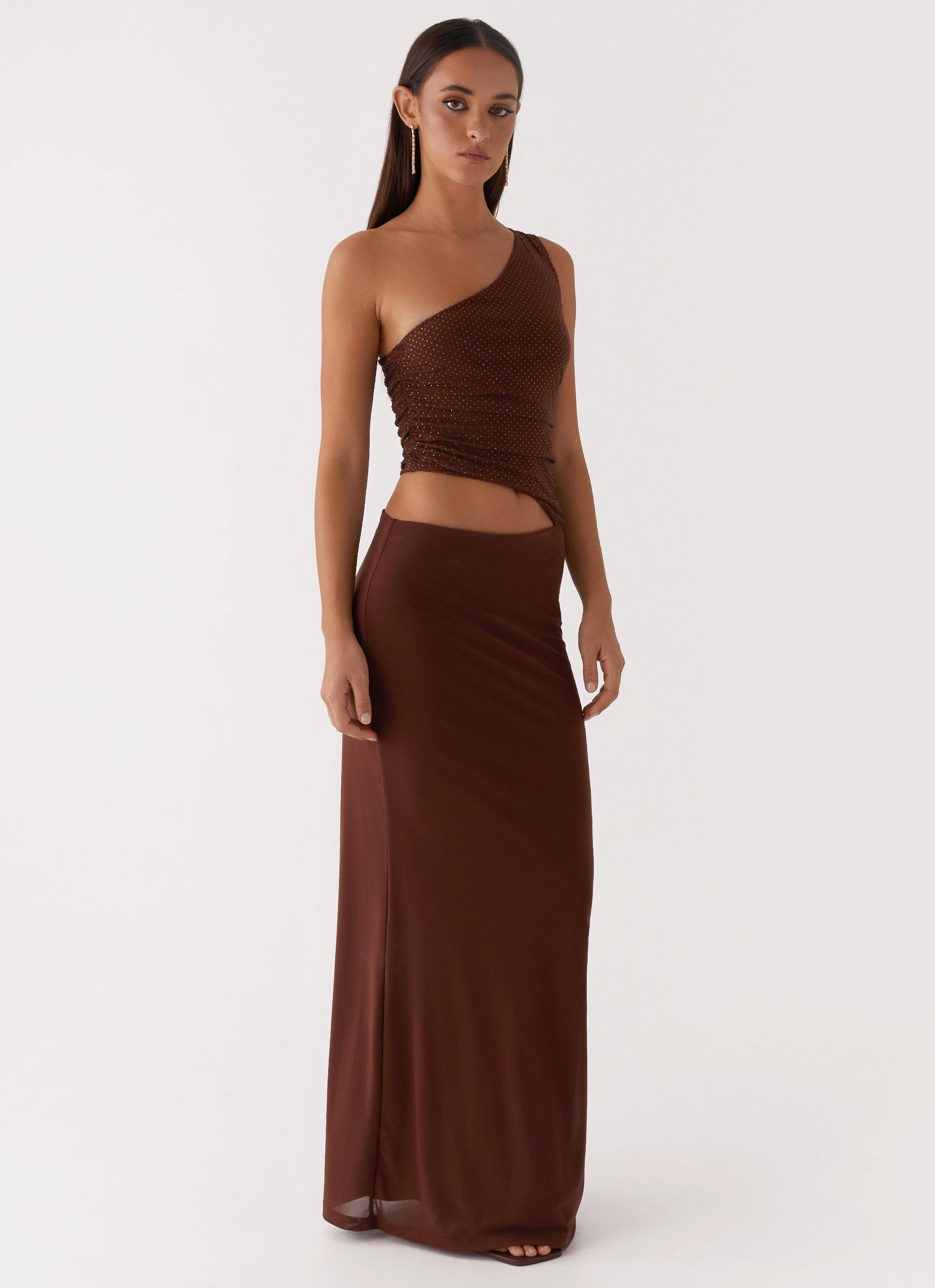 Villa Mood Sleek Texture Seranella Sequin One Shoulder Maxi Dress - Chocolate