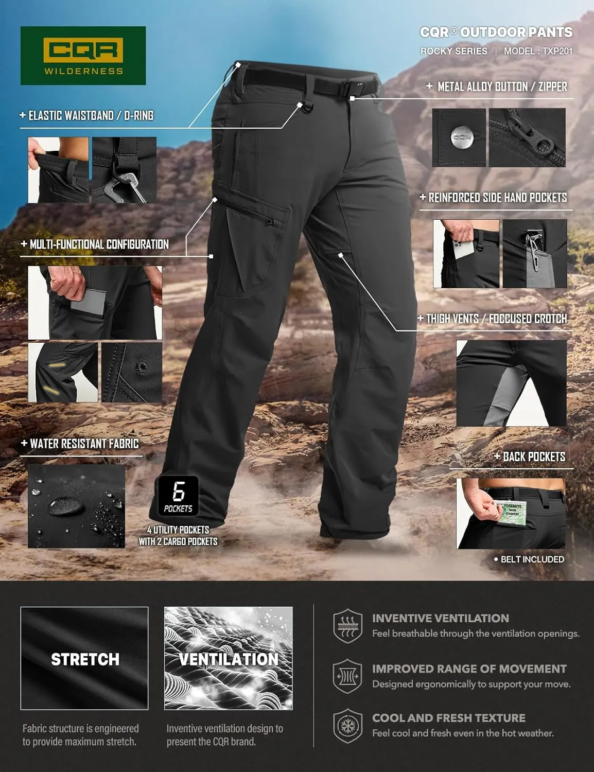 CQR Men's Quick Dry Tactical Pants, Water Resistant Outdoor Pants, Lightweight Stretch Cargo Work Hiking Pants