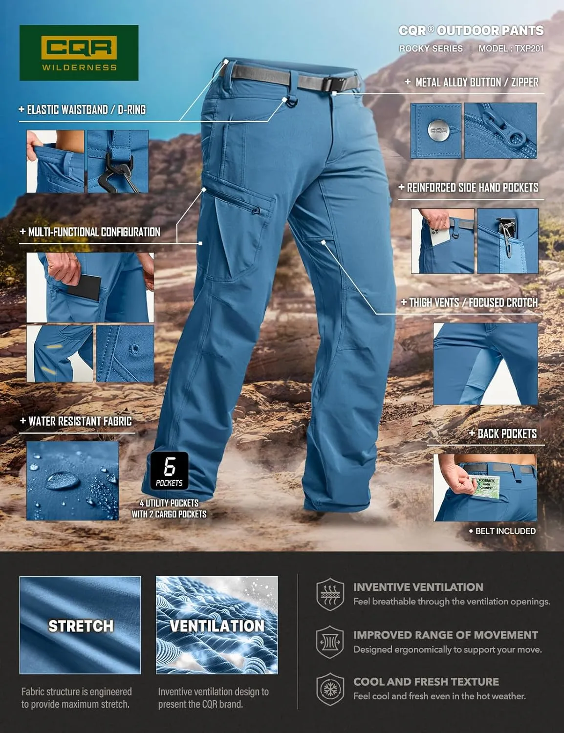 CQR Men's Quick Dry Tactical Pants, Water Resistant Outdoor Pants, Lightweight Stretch Cargo Work Hiking Pants