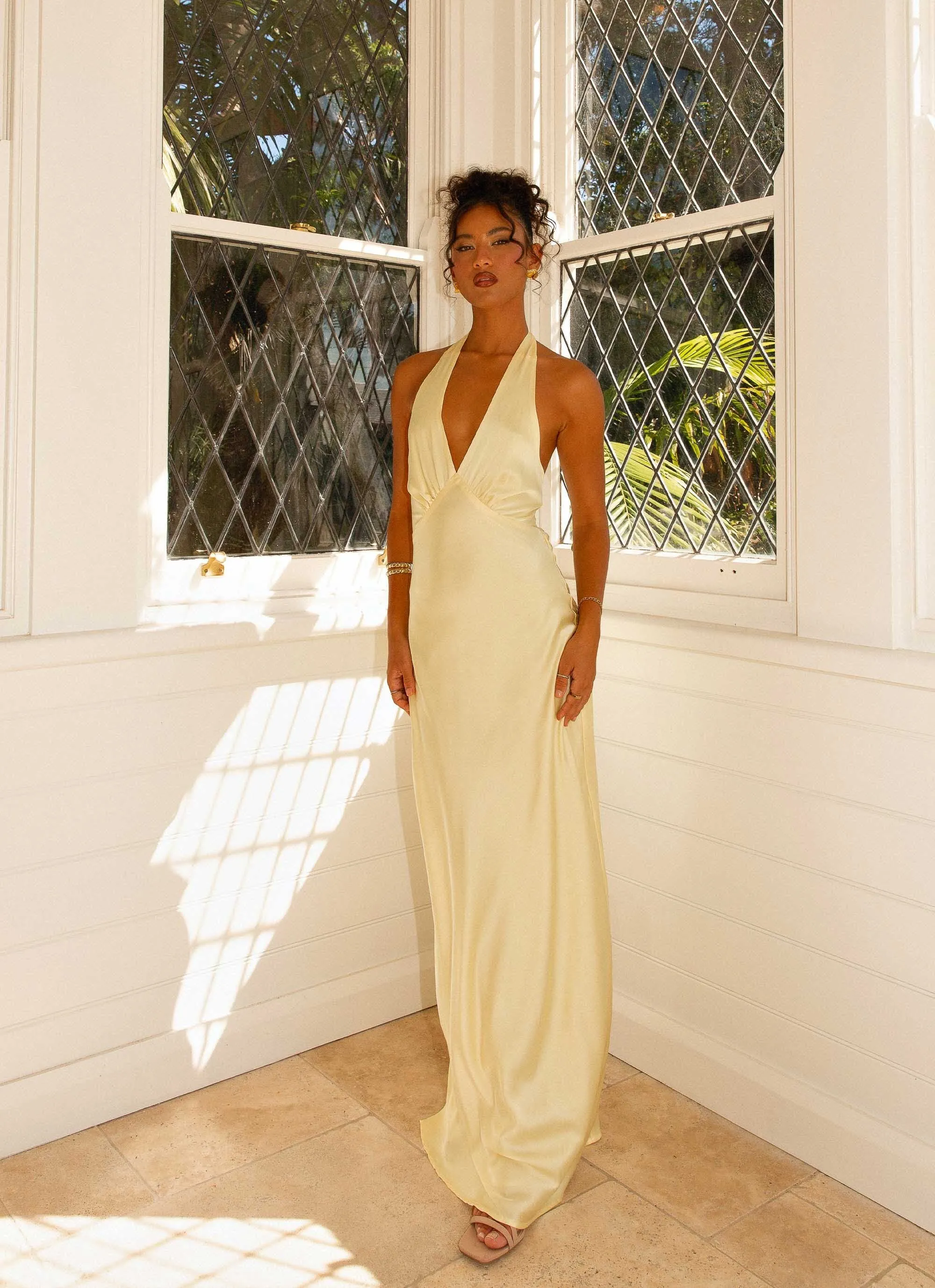 Pullover Design Heavy Hearted Satin Maxi Dress - Lemon