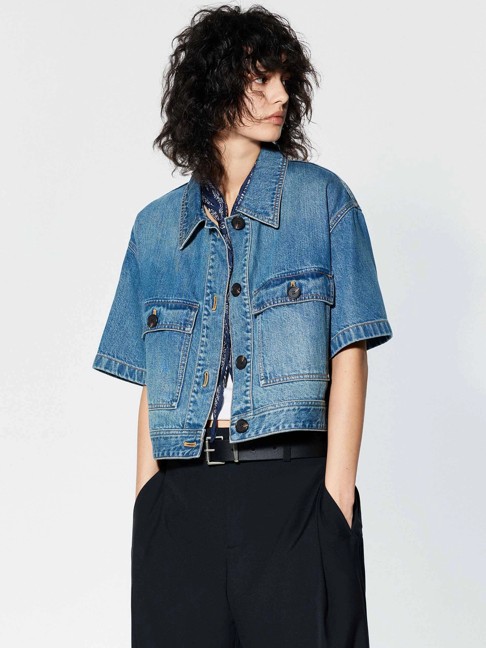 Cropped Pockets Denim Jacket High Collar Options