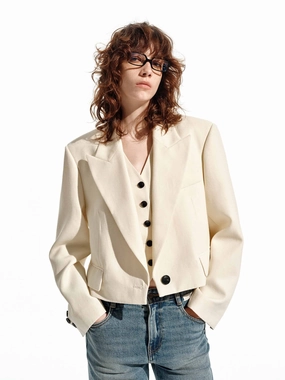 Double Buttons Elastic Cuff Adjustment Cropped Tailored Blazer