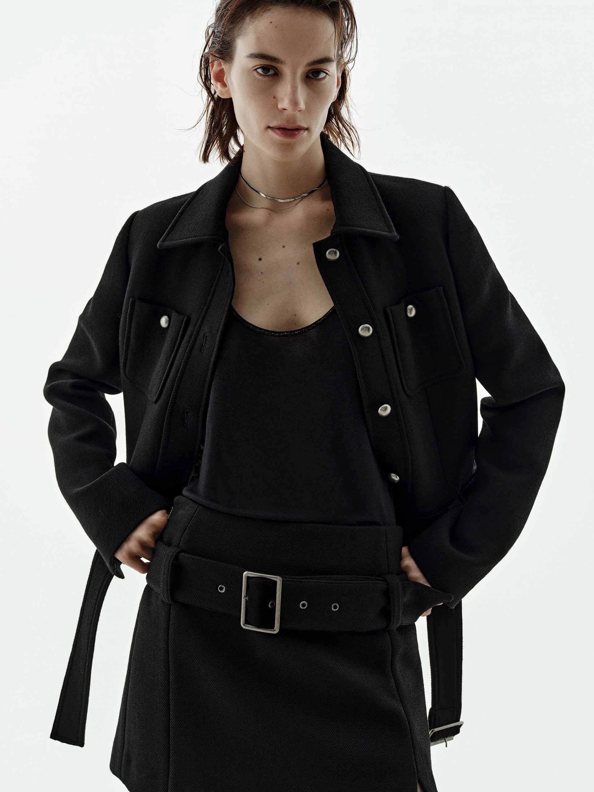 Cropped Wool Blend Jacket Reflective Safety Accents