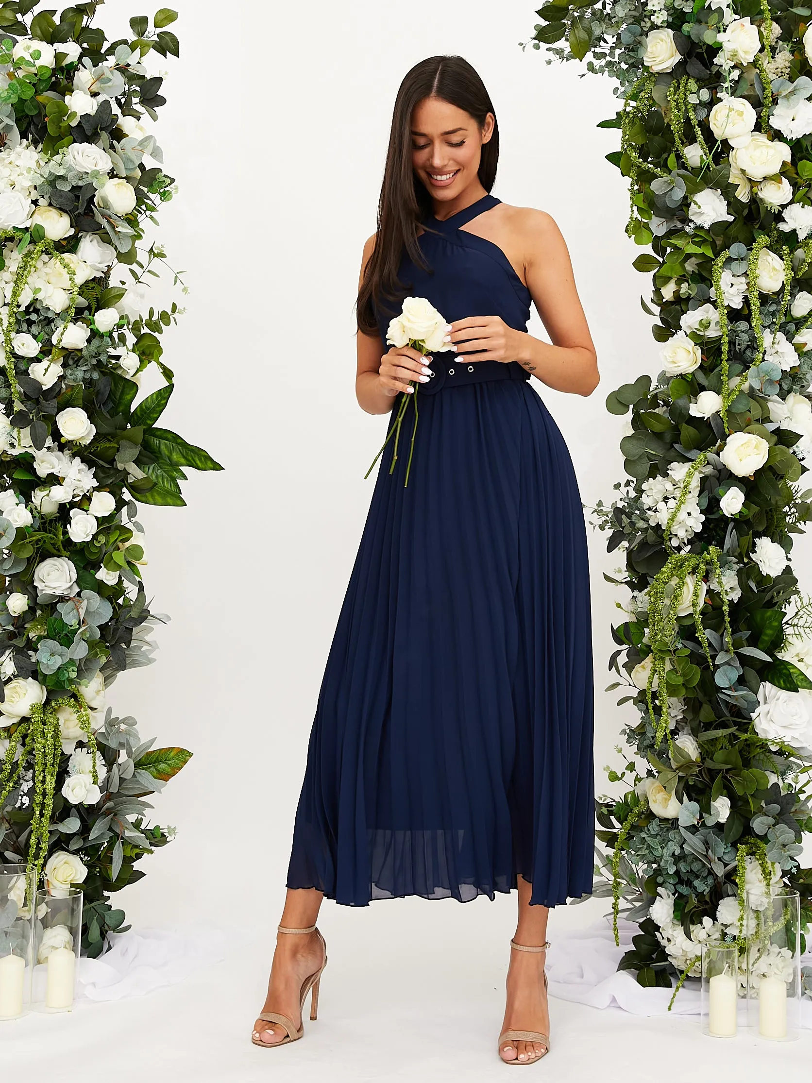 Cross Neck Pleated Midaxi Chiffon Dress / Navy Reversible-Style