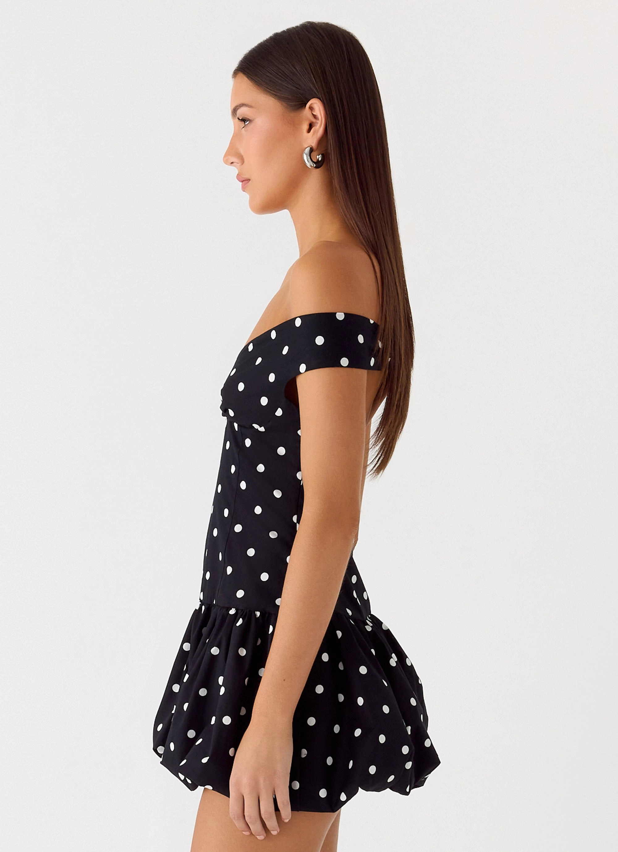 Endless Romance Off Shoulder Mini Dress - Black Polkadot Effortless Fit Theater-Night