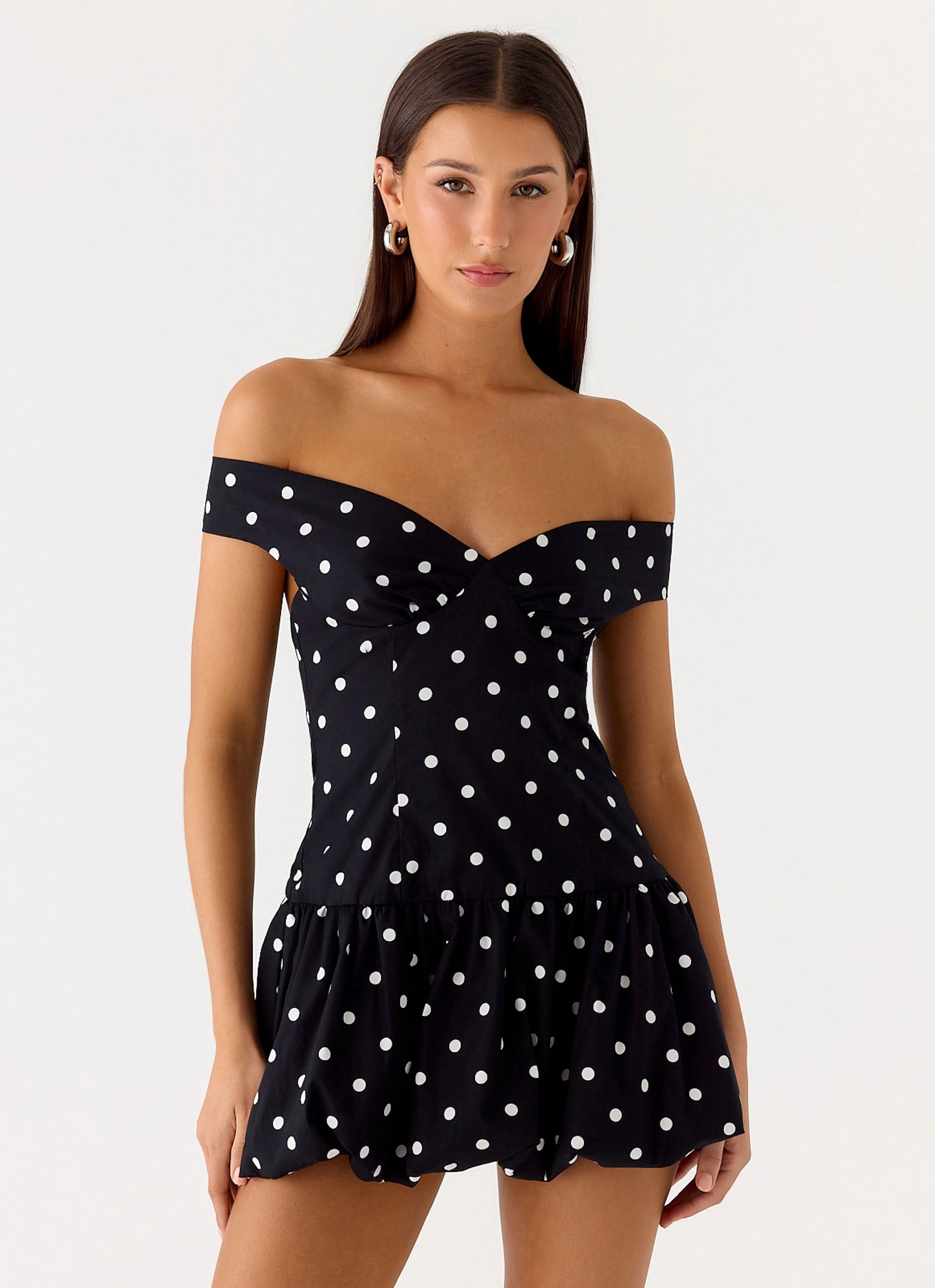 Youth Charm Endless Romance Off Shoulder Mini Dress - Black Polkadot