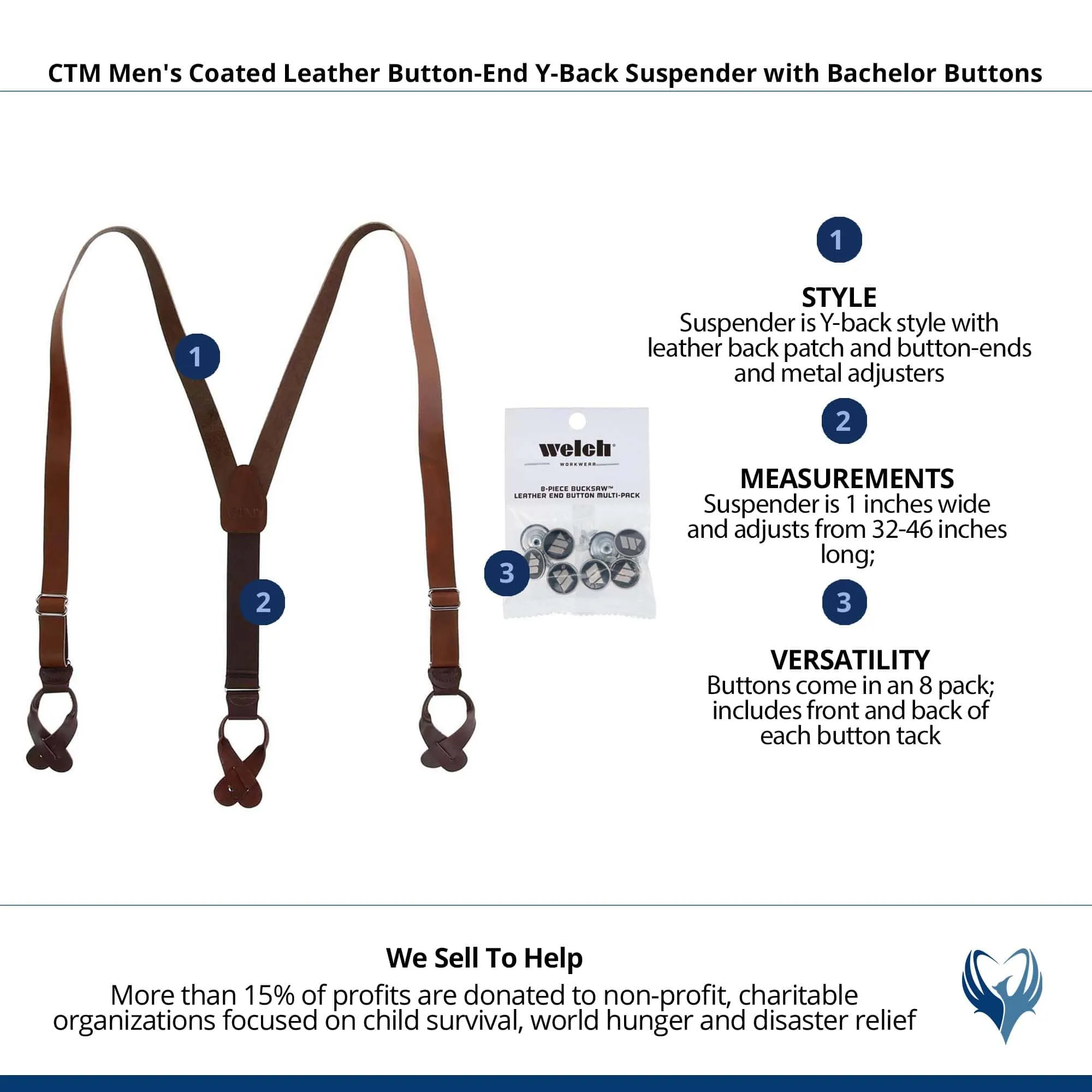 CTM® Men's Coated Leather Button-End Y-Back Suspender with Bachelor Buttons
