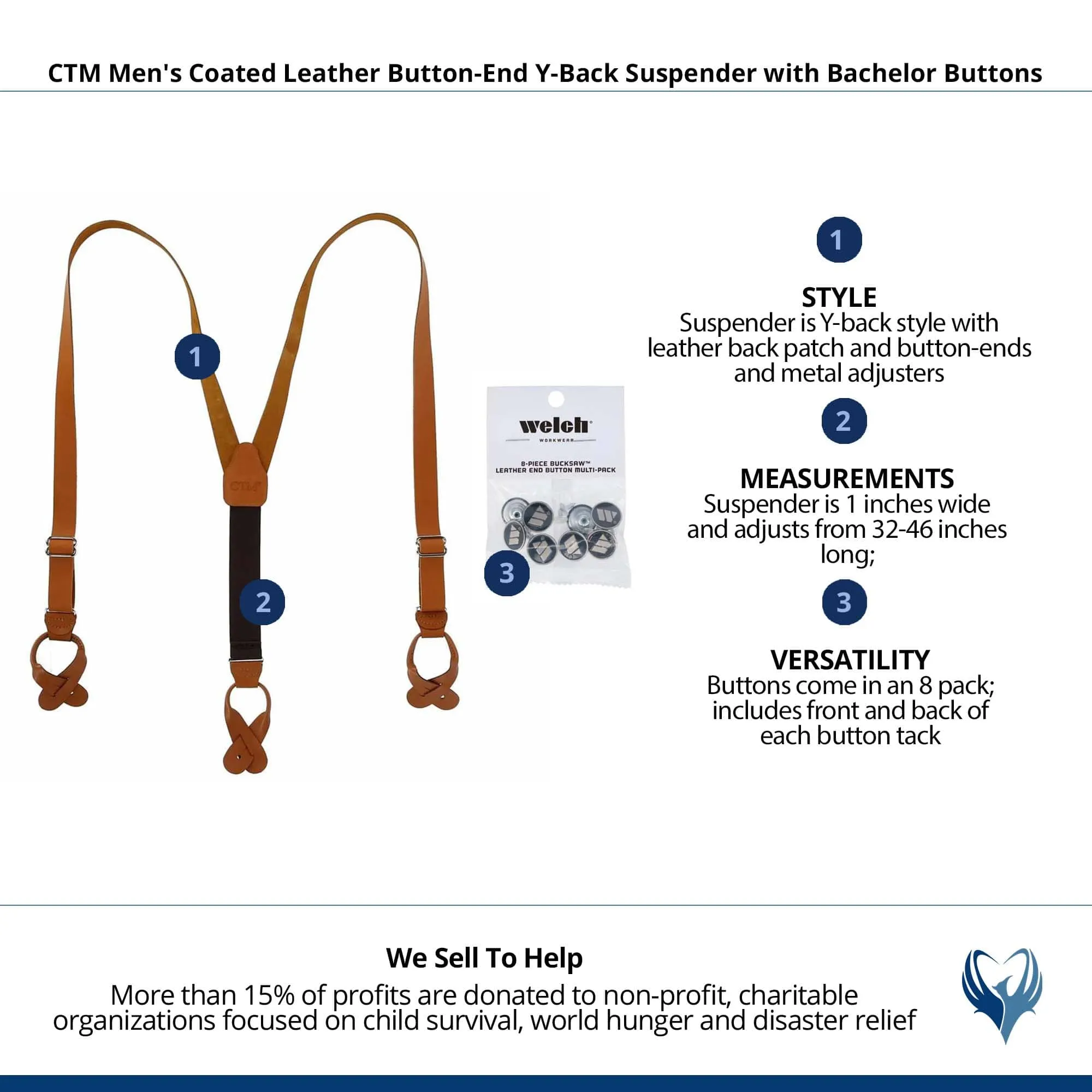 CTM® Men's Coated Leather Button-End Y-Back Suspender with Bachelor Buttons