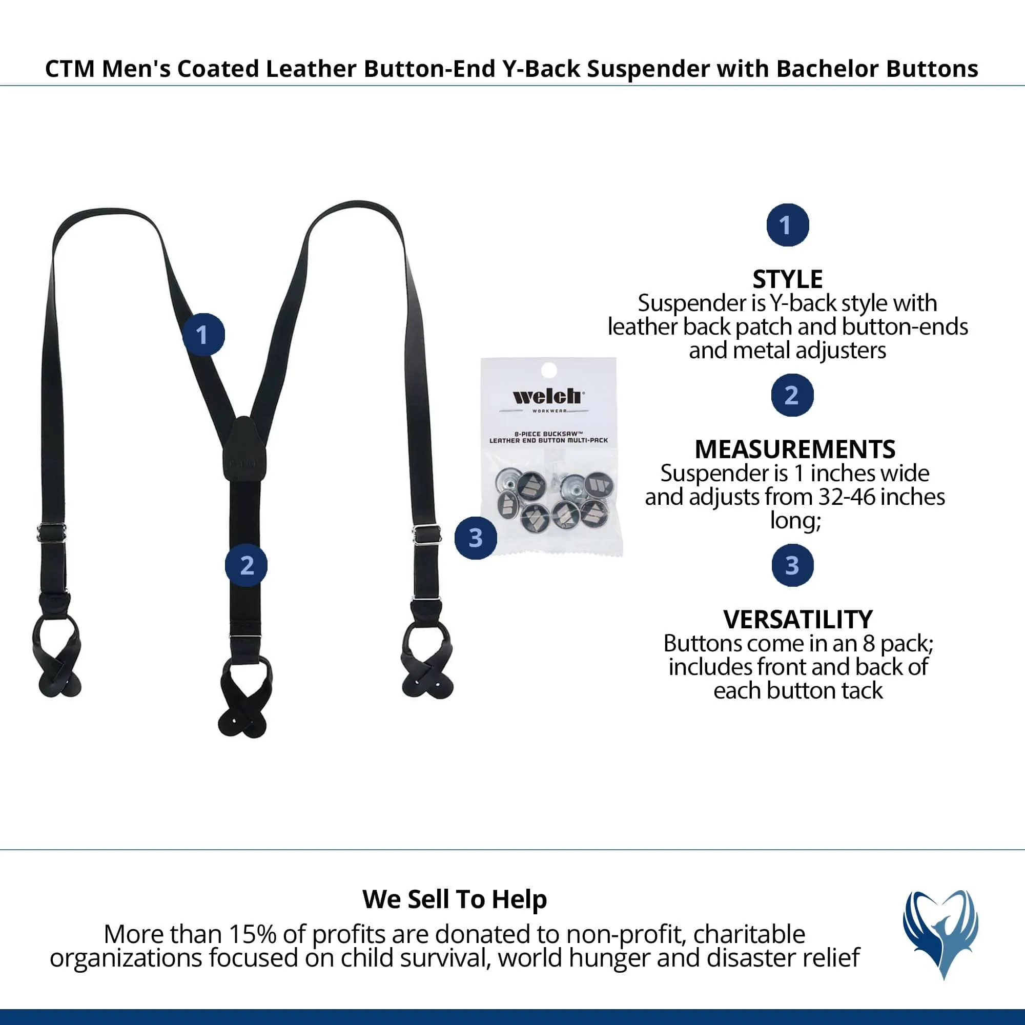 CTM® Men's Coated Leather Button-End Y-Back Suspender with Bachelor Buttons